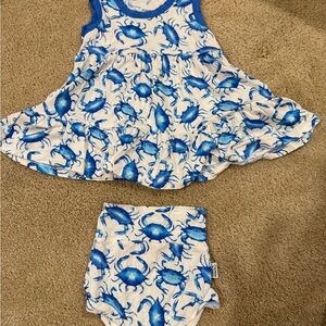 Blue Crab Pattern Kids Dress and Diaper Cover Set